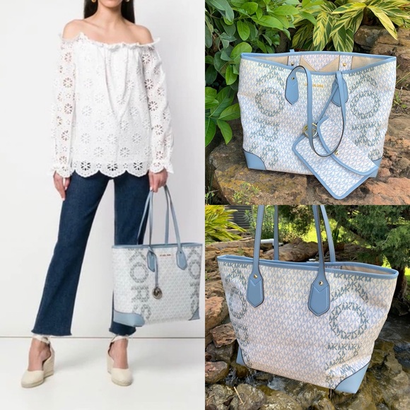 Michael Kors Handbags - Michael Kors Eva White & Blue Tote Bag.